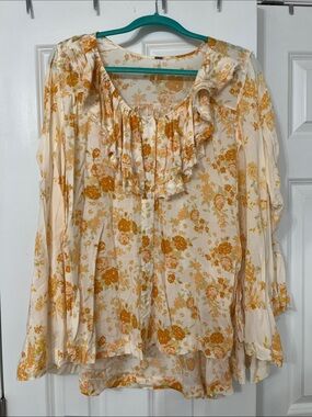 Free People Floral Ruffle Button-Front Women's Blouse in Cream and Orange